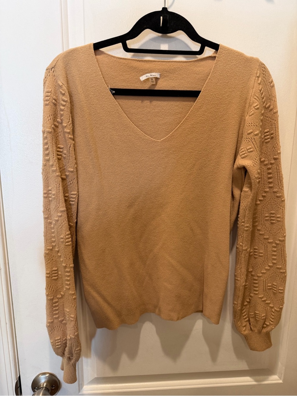 Milano Camel V-Neck Textured Sleeve Sweater